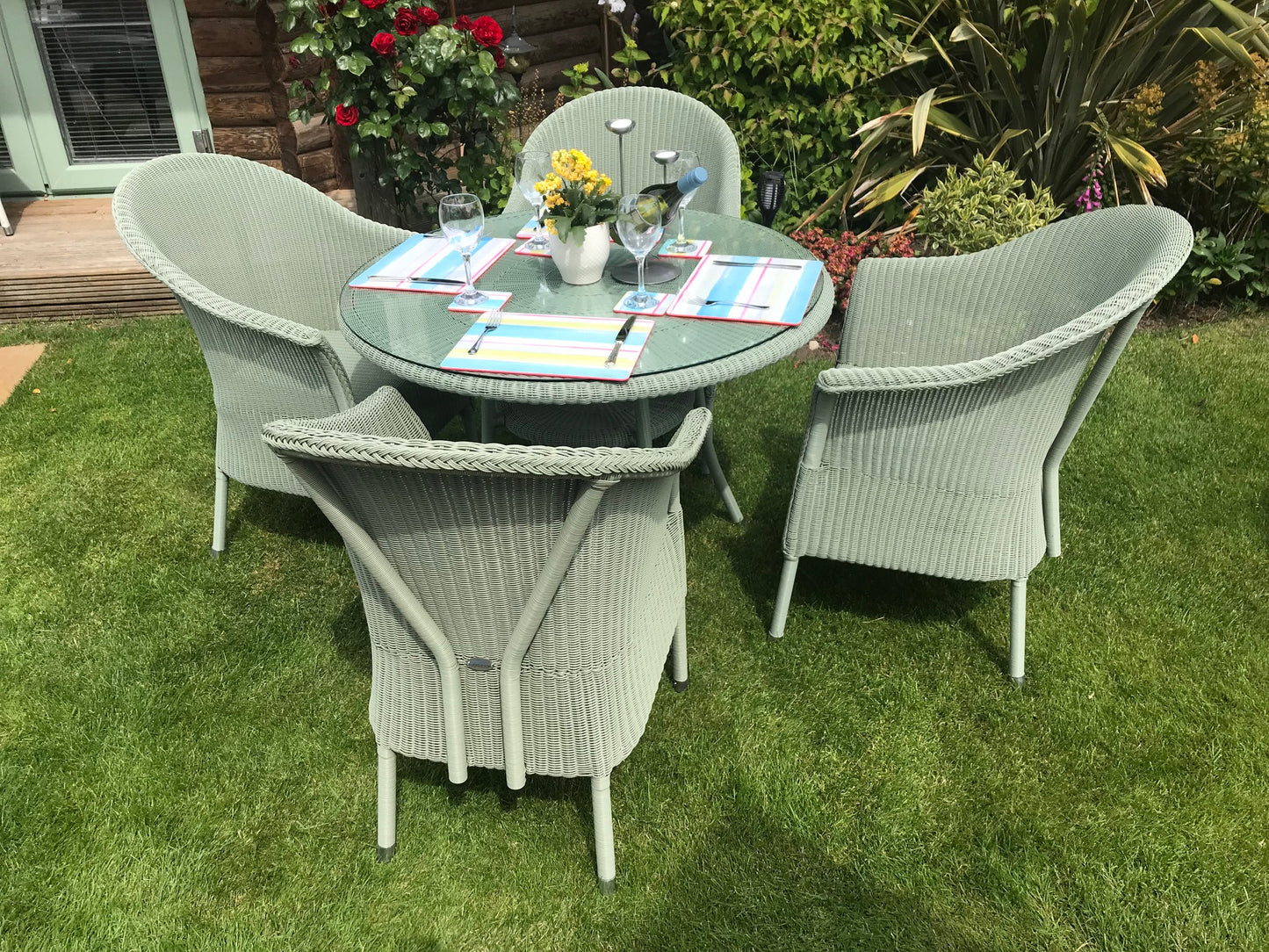4 x Lloyd Loom Beverley Armchairs & 1x 1000mm Outdoor Bistro Table with glass top- Tea green