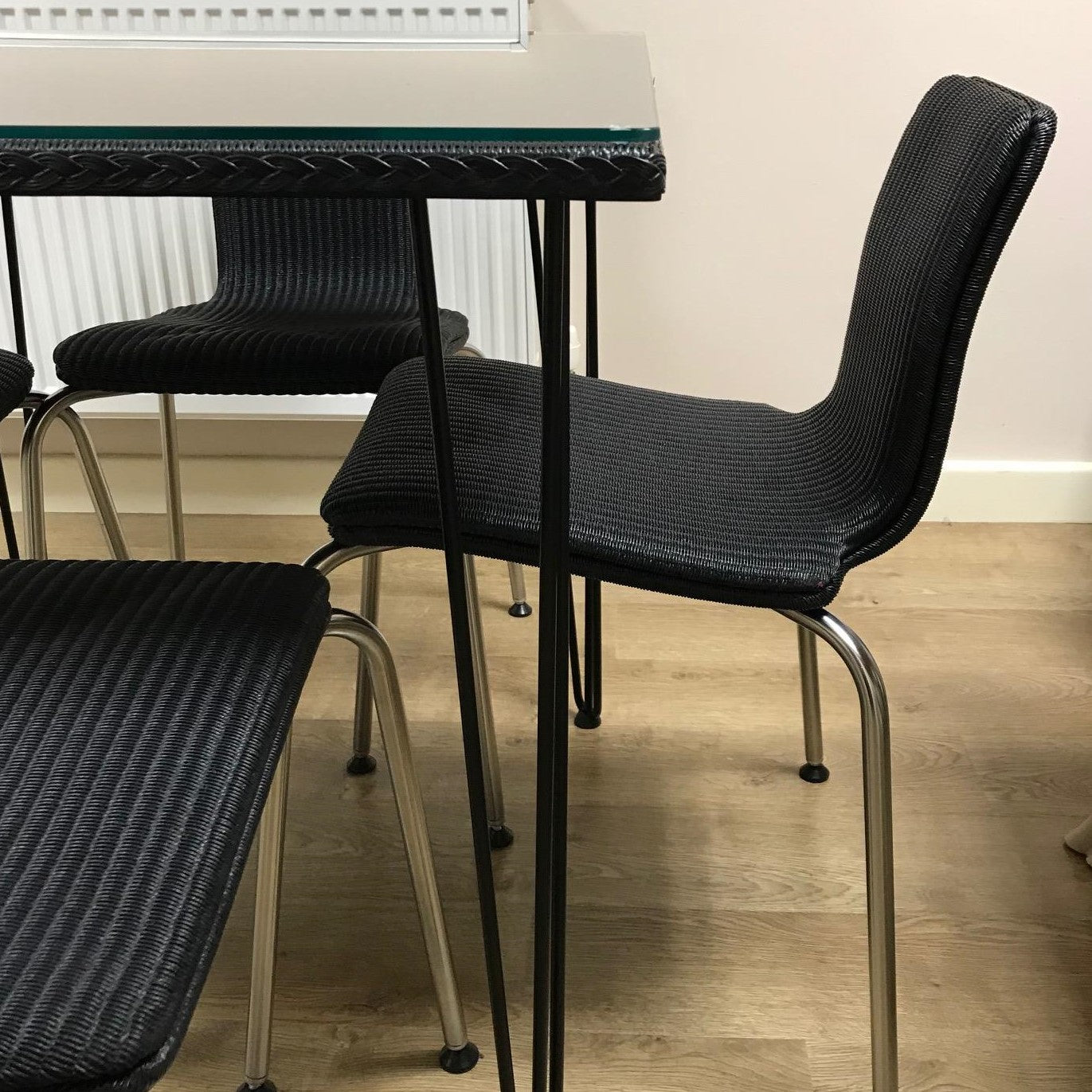 Bistro Square Table with Glass Top and Hairpin legs & 4 x Refurbished Oyster Dining Chairs in Charcoal