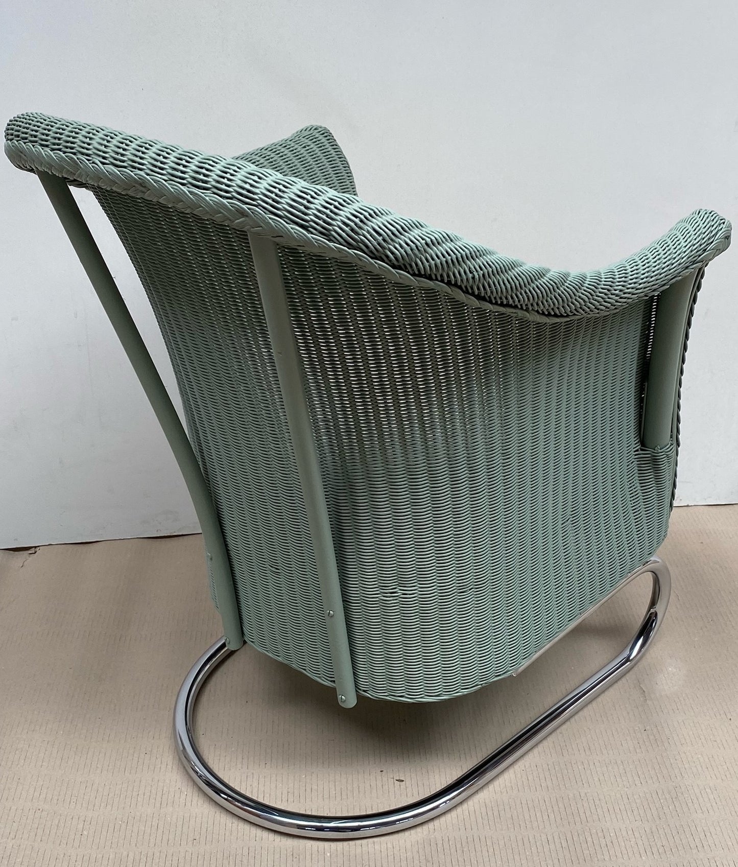 Refurbished Rare Vintage Chrome Bauhaus inspired Lloyd loom Armchair in Artichoke