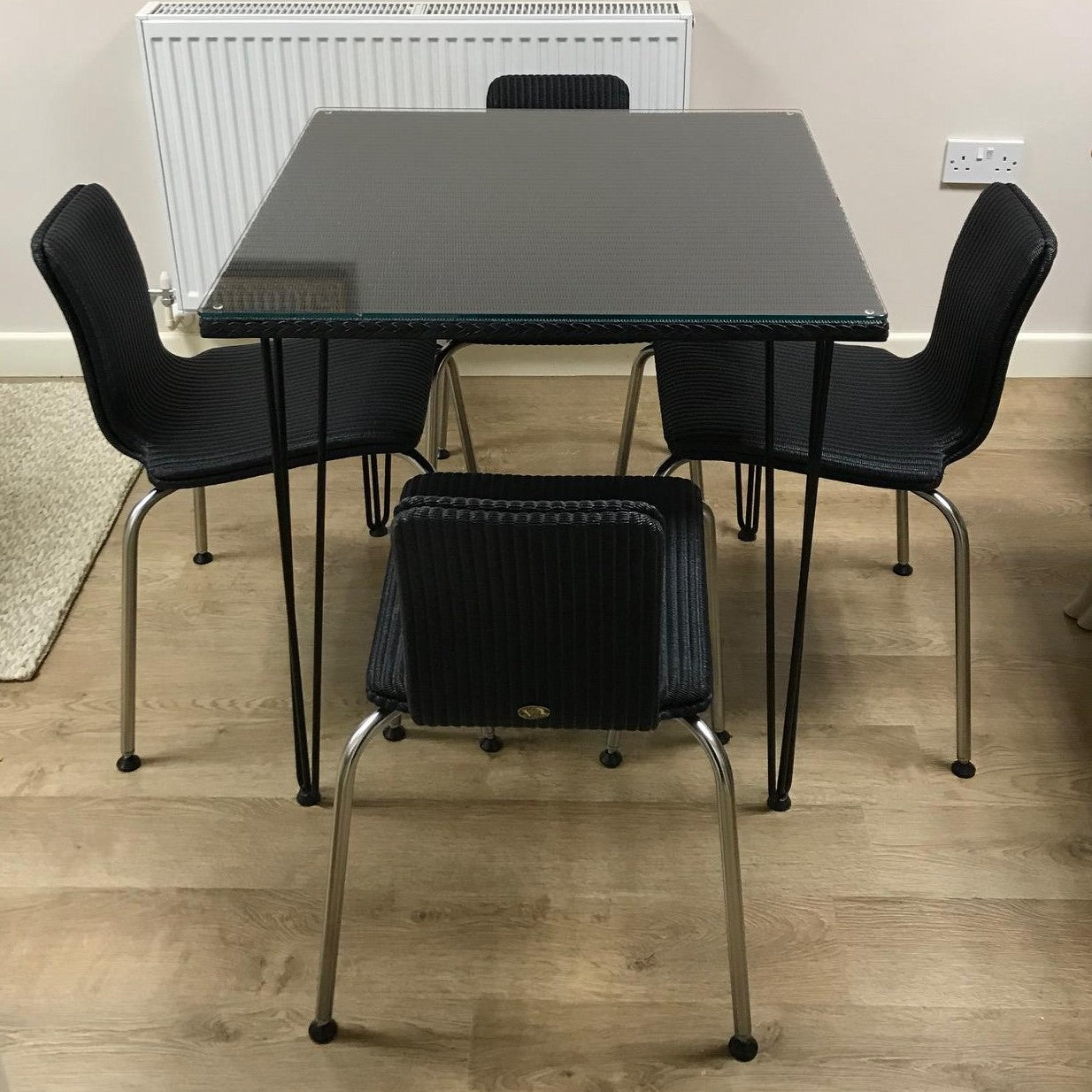 Bistro Square Table with Glass Top and Hairpin legs & 4 x Refurbished Oyster Dining Chairs in Charcoal